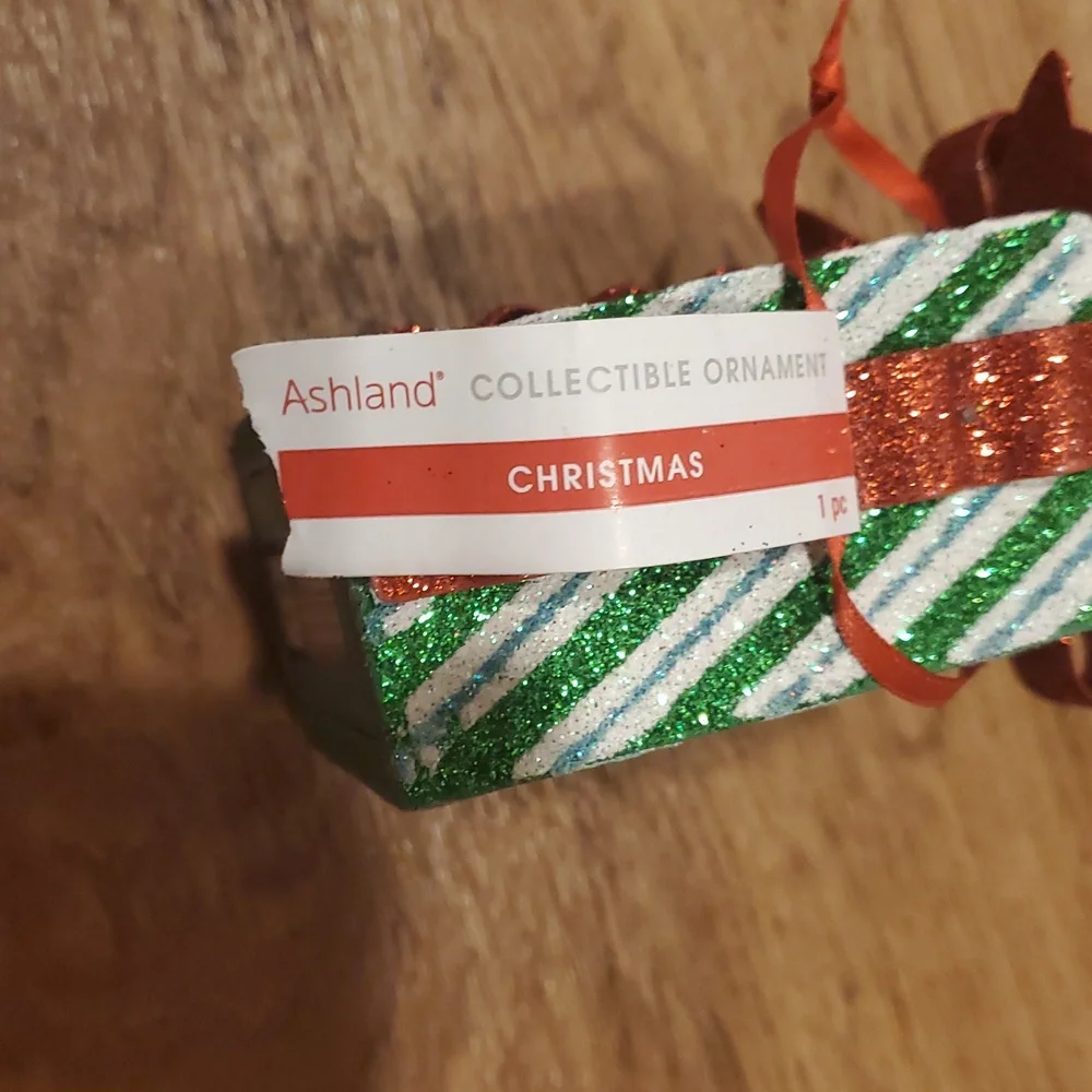 Ashland Glittery Red and Green Striped Gift Box Ornament